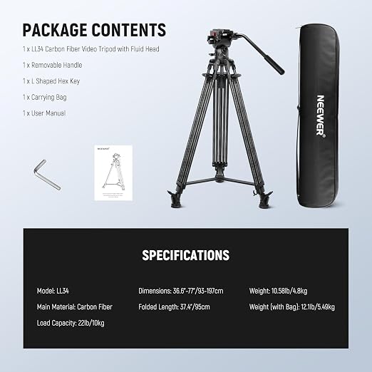 NEEWER LL34 78" Video Camera Tripod One Step Quick Release with Adjustable Damping Fluid Head, Heavy Duty Carbon Fiber Tripod with Dual Mode QR Plate, Max Load 22lb - Image 9