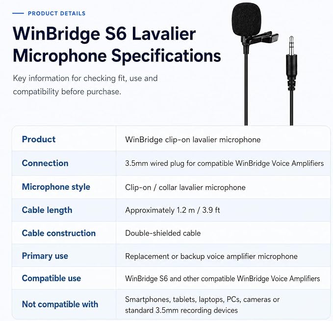 WinBridge Clip-on Lavalier Microphone for Voice Amplifier, 3.5mm Wired Mic | Replacement Collar Mic Compatible with All WinBridge Voice Amplifiers for Teaching, Tour Guide & Presentation, S6 - Image 4