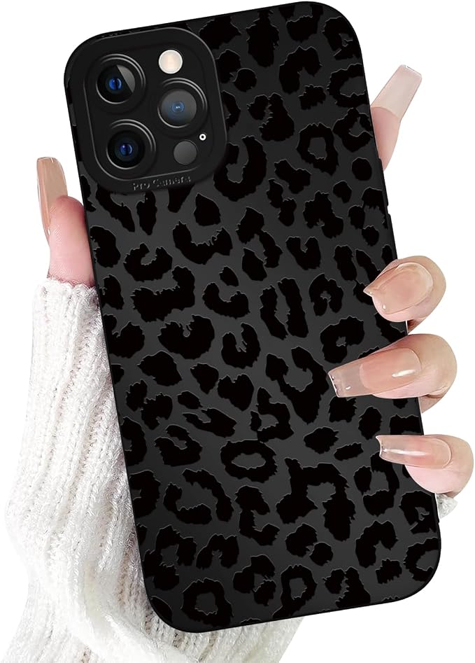 Cute Black Cheetah Print Phone Case for iPhone 12 Pro Max 6.7" | Aesthetic Leopard Pattern Design Cover Full Camera Lens Protective Shockproof Soft Slim TPU Funda for Men Women Girls by Unknown
