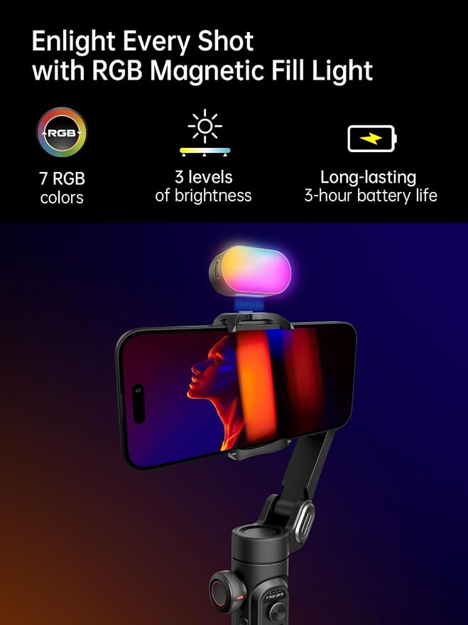 AOCHUAN Gimbal Stabilizer for Smartphone w/Gesture Control, XE Kit | Foldable handheld gimbal w/face tracking, magnetic fill light for TikTok, YouTube vlog and smartphone video recording - Image 6