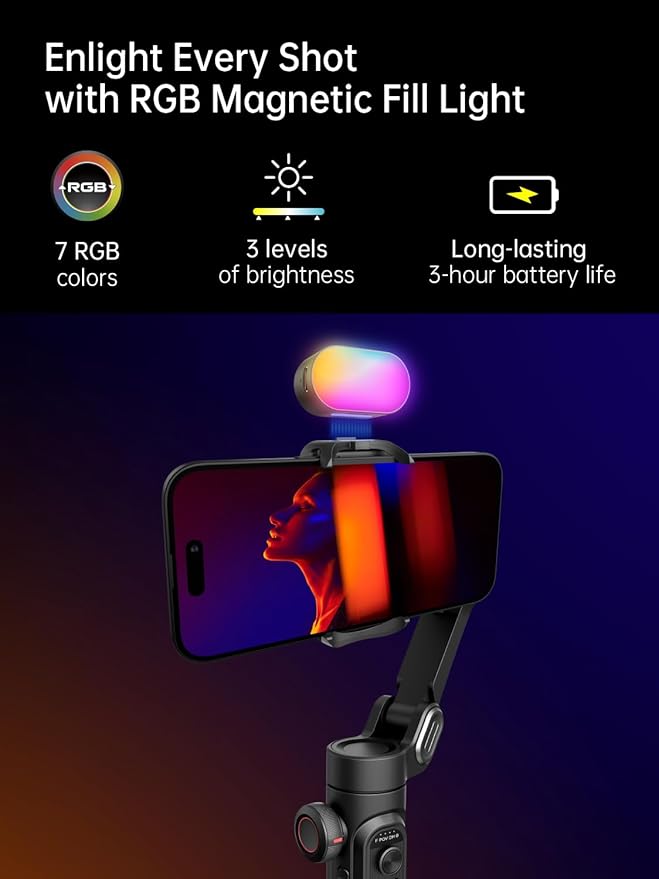 AOCHUAN Gimbal Stabilizer for Smartphone w/Gesture Control, XE Kit | Foldable handheld gimbal w/face tracking, magnetic fill light for TikTok, YouTube vlog and smartphone video recording - Image 2