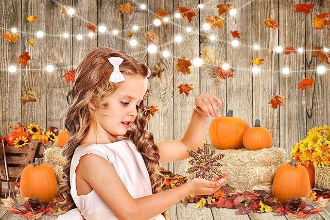 Autumn Thanksgiving Backdrop 10x8ft Rustic Barn Harvest Photography Background Barn Door Falling Maple Leaves Hay Bales Pumpkins Kids Baby Adult Portrait Shoot Fall Photo Booth Props - Image 6