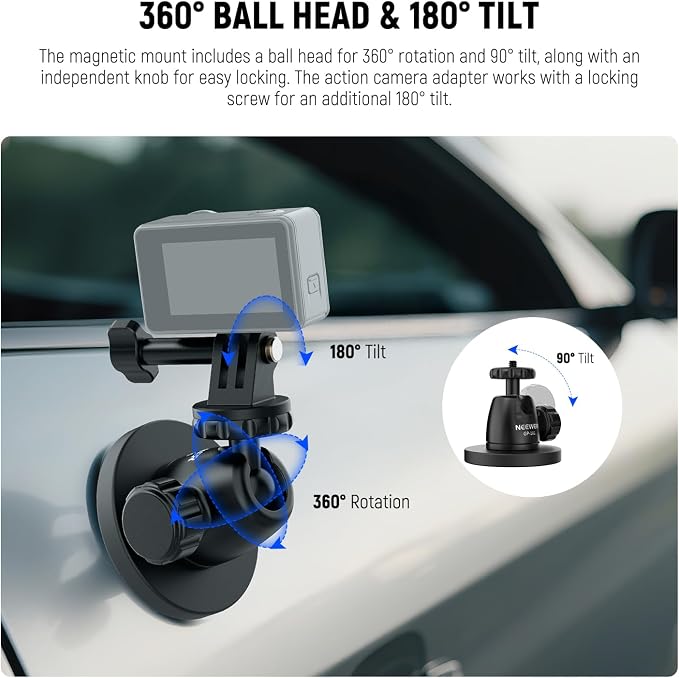 NEEWER Basics Magnetic Action Camera Mount for Car Video Recording, GP-101 | Compatible with GoPro DJI Action 6 Osmo 360 Pocket 4P 4 3 Xtra Muse Insta360 Luna Ultra X5 X4 X3 Ace Pro AKASO Accessories - Image 4