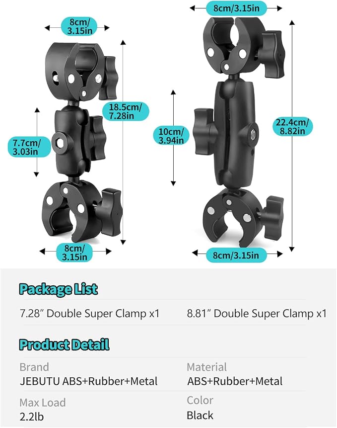 Double Super Clamp Mount 7.28"/18.5cm & 8.86"/22.5cm, Motorcycle Bike Handlebar Umbrella Pole Chair H oleder Clamp Mount for Light Stand Reflector Boom Stand Selfie Stick - Image 7