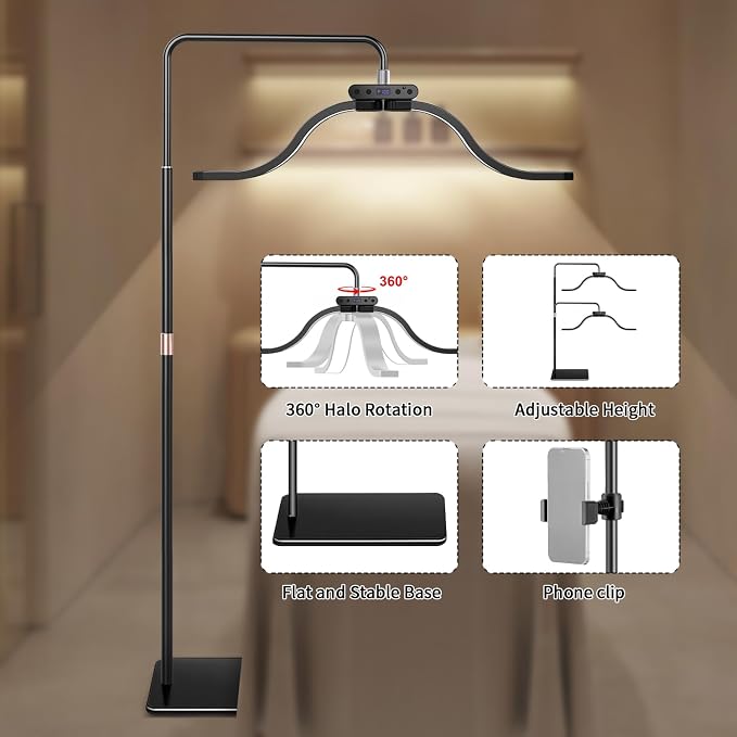 Lash Light for Eyelash Tech-Esthetician Ring Light, Half Moon Light for Led Lash Lamp Extensions, Tattoo Artists, Nail Tech - Cool, Warm Lamp with Adjustable Brightness & Height, Phone Holder (Black) - Image 8