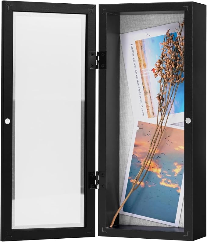Muzilife 12.5x5 Shadow Box Wood Picture Frame, 2.16 Deep, Real Glass, Black | FSC-Wood, Magnetic Door, Linen Interior & Pins, Vertical, Horizontal Wall Hanging, Display Case Frame for Photos & Keepsakes by Muzilife