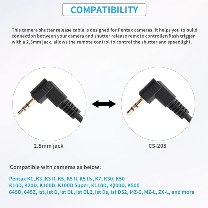 2.5mm to K1 Camera Shutter Release Cable Remote Control Cord for PENTAX | Wired Spring Coiled Remote Control Connect Cord for 645Z 645D K1 K3 K5 K5 II K30 K50 K500 K7 & more, Stable transmission - Image 2