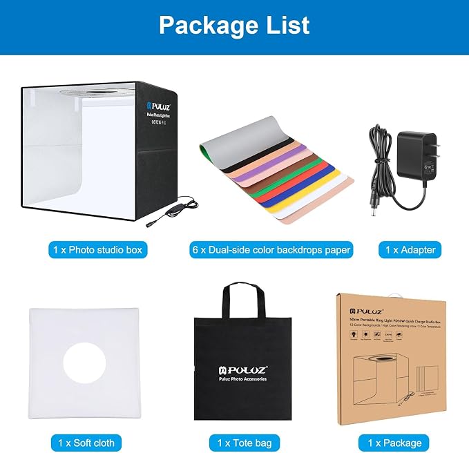 PULUZ Light Box Photography, 20x20 inch Portable Photo Studio Light Box, Professional Dimmable Quick Charge USB-C Photo Booth with 200 LED Lights & 12 Color Backdrops Photo Box for Product Photography - Image 7