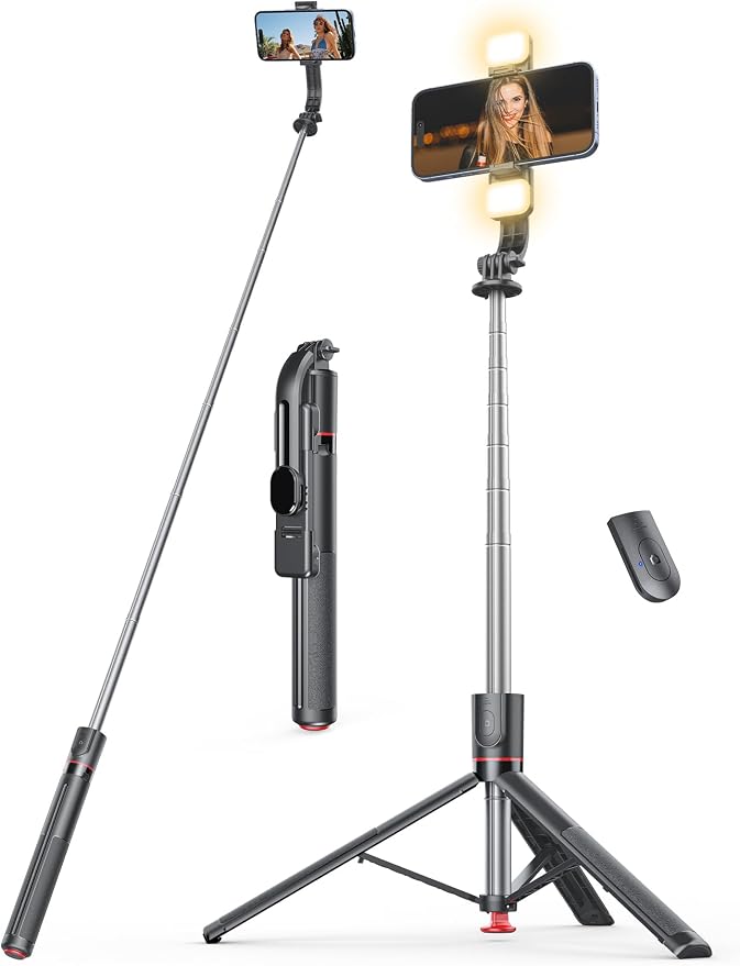 Selfie Stick Tripod with Light, 67'' Tripod with Wireless Remote, Portable Phone Tripod Compatible with iPhone 16/15 Pro Max/15/14 Pro/14/13, Samsung S22/ S23 Ultra/Android Smartphone by Pnitri