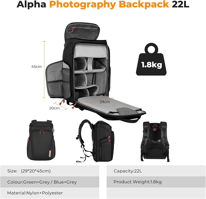 K&F CONCEPT Camera Backpack, 22L Expandable Camera Bag with Rain Cover | with Tripod Holder & 15.6in Laptop Compartment, Quick Access & Water Resistant for Canon/Nikon/Sony/DJI/DSLR Mirrorless, B06 - Image 7