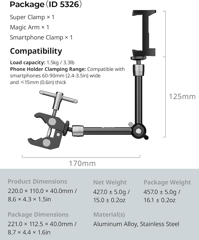 SMALLRIG Magic Arm Clamp w/ 1/4 and 3/8 Thread Holes, 9.8 Inches Adjustable | Articulating Magic Arm with Phone Holder for Action Cameras, Smartphones, LCD Monitor/LED Lights - 5326 - Image 8