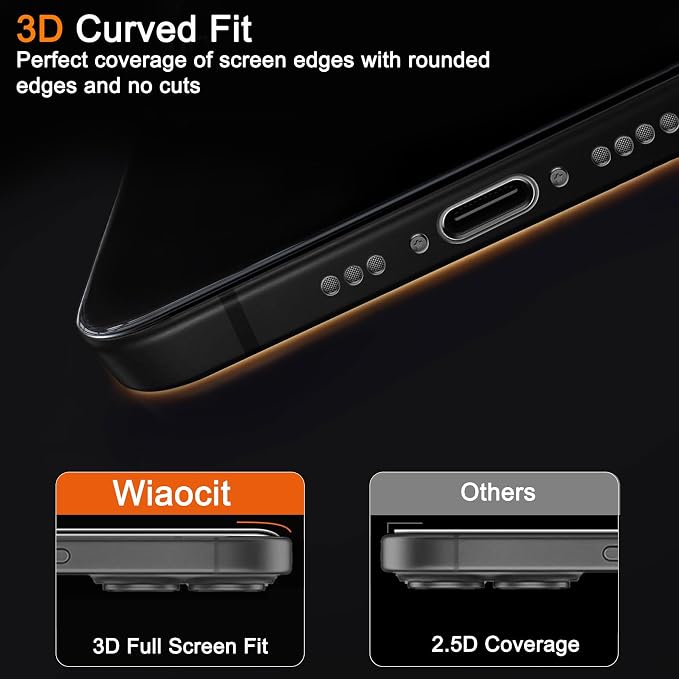 Wiaocit Tempered Glass Privacy Screen Protector for iPhone 16 | 3+3 Pack, 9H Hardness, Camera Lens Protector, Installation Frame, Bubble Free, Case Friendly - Image 5