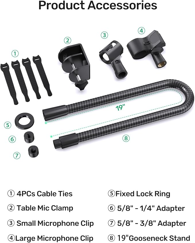 19 Inch Gooseneck Microphone Holder for Podium, 【Heavy-Duty】 2.5 lb Max | Thickened Aluminum Flexible Gooseneck, 2 Mic Holders, 1/4" and 3/8" Adapters, Desk Clamp, Ideal for Gaming, Podcast - Image 9