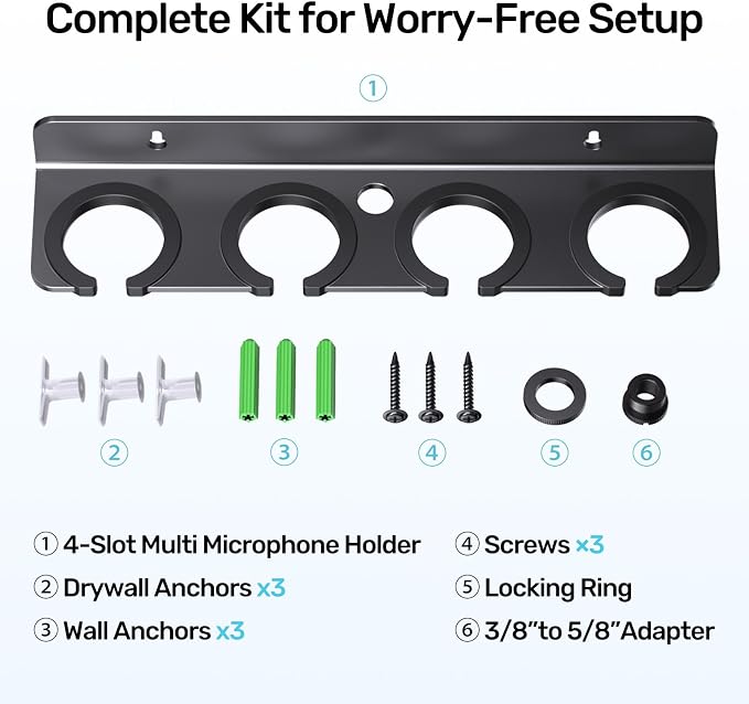 Multi Mic Holder for Stand, Wall Mount for 4 Handheld Wired/Wireless Mics | With Rubber Padding Protection, Fits 5/8"-27 & 3/8"-16 Thread Stand, Holds Up to 4 Dynamic Mics, Sturdy Mic Storage Organizer - Image 8