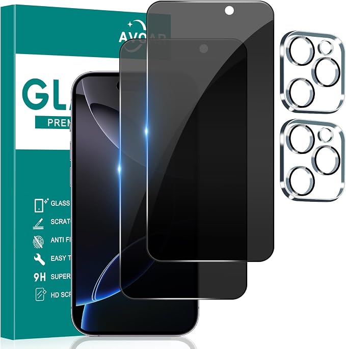 2+2 Pack Privacy Screen Protector for iPhone 16 Pro, 6.3 Inch | Camera Lens Protector, Tempered Full Screen Glass, Anti-Spy, Bubble Free, Case Friendly by AVOAR