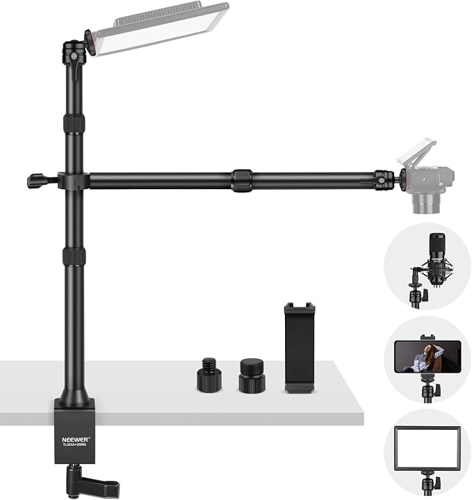 NEEWER TL253A+DS001 Table Camera Tripod with 2 Section Arm | Phone Holder, Ball Heads, Screw Adapter, Table Light Stand for Camera, Mobile Phone, Webcam, Ring Light by Neewer