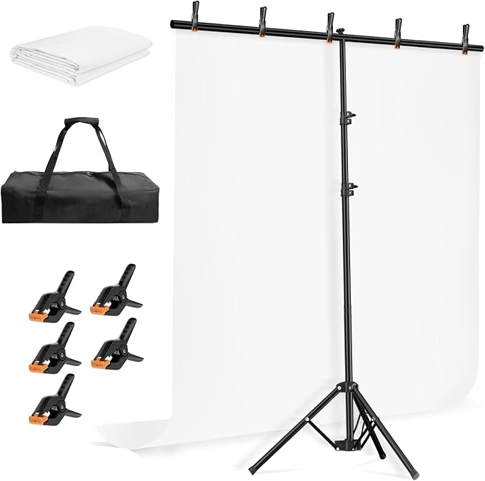 EMART 5 * 6.5ft White Photo Backdrop Stand Kit with T-Shape Stand | Portable lightweight T-shaped metal stand for easy setup，suitable for portrait photography, live streaming, content recording by EMART