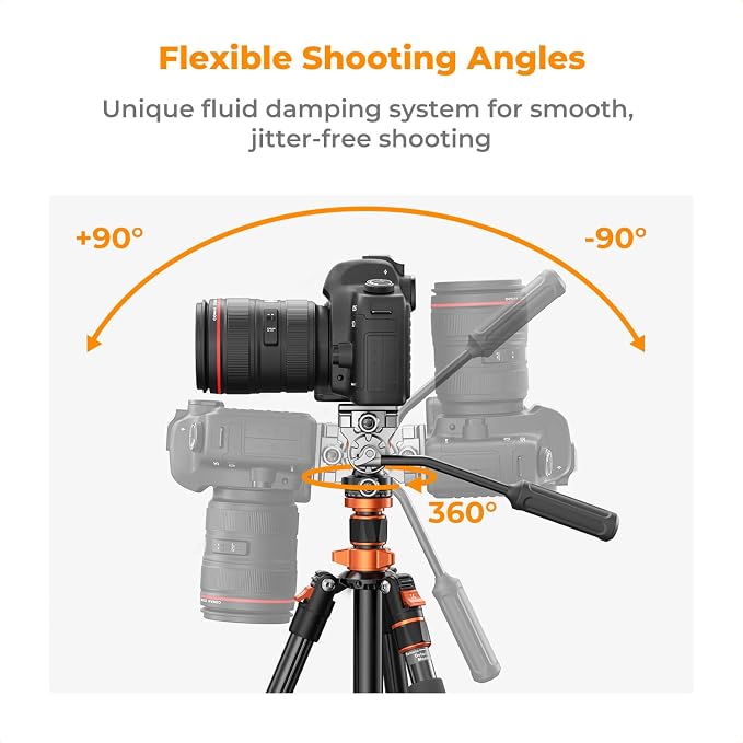 K&F CONCEPT 83" Camera Video Tripod for DSLR | Compact Aluminum, 360° Panorama Fluid Head, Travel, Video, Live Streaming, Vlogging, Payload 11lb, O234A7+FH-03 - Image 5