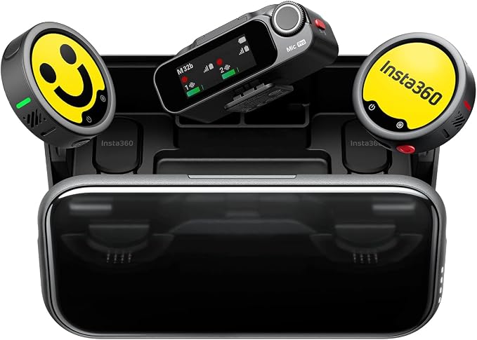 Insta360 Mic Pro (2 TX + 1 RX + Charging Case), Wireless Mini Lavalier Microphone for iPhone/Camera/Android, Video Recording, Vlogging, Bluetooth, Customizable E-Ink Display, 3-Mic Array, 30hrs Use by Unknown