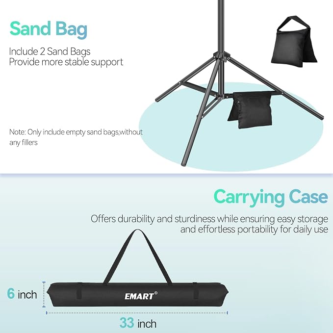 EMART 7x10 FT Photo Backdrop Stand Kit with 6x9FT White Backdrop, Studio | Background Stand Backdrop-White, 6Clamps&Clip, 2Sandbags for Photography Studio, Video Recording, Live Stream, Zoom, Portrait - Image 7