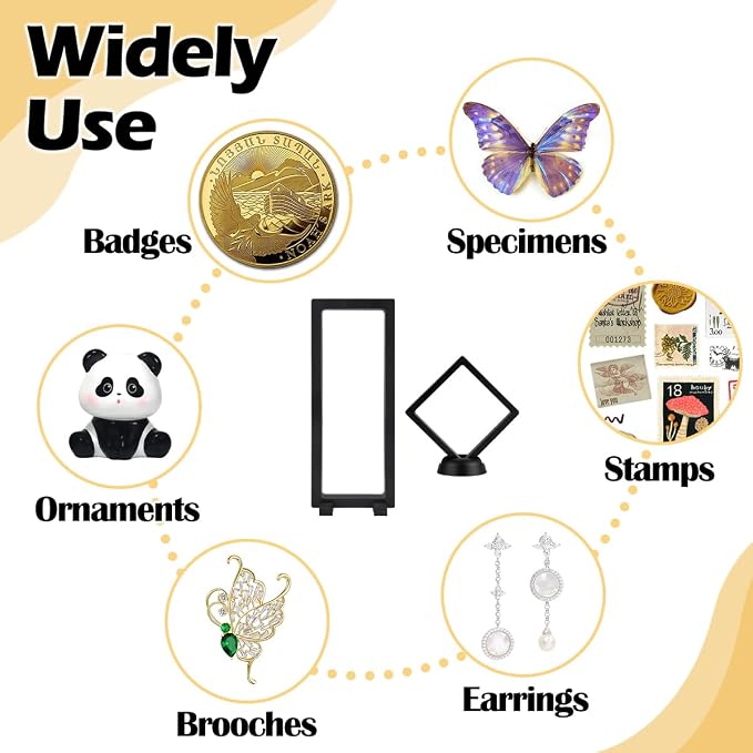 6 Pcs 3D Floating Display Case, Clear PE Film Jewelry Storage Box, Challenge Coins Display Holder Frame for Ring Necklace Shell Stamp Specimens Rocks, Black, 3.5 x 9X 0.8 in, 2.7 x 2.7 x 0.8 in - Image 3