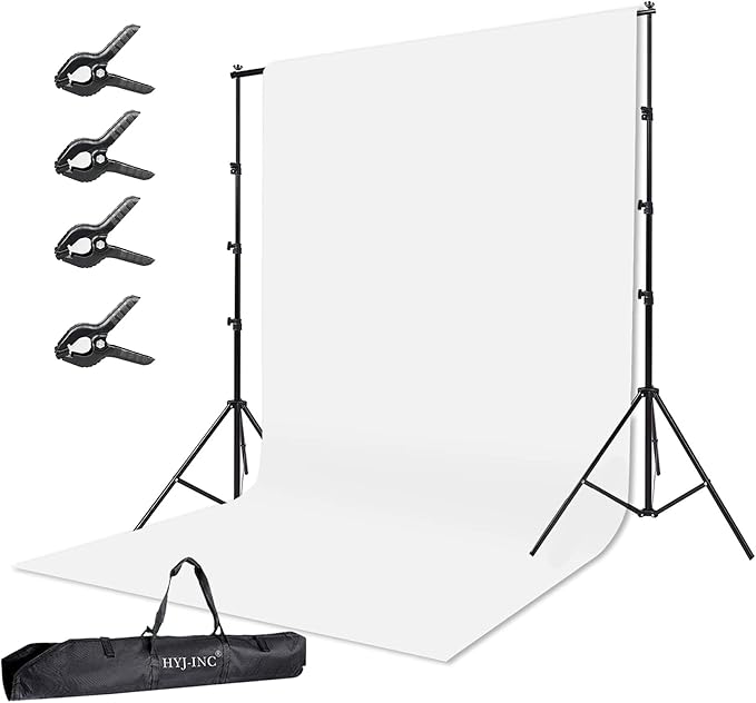 Photo Background Support System with 10 x 10ft Backdrop Stand Kit,10 x12ft 100% White Cotton Muslin Backdrop,Clamp,Carry Bag for Photography Video Studio by HYJ-INC