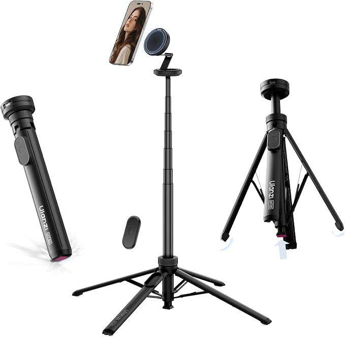 ULANZI MT85 60" Magnetic Phone Tripod for iPhone 17, Auto Open Selfie Stick | N52 Magnetic, Aluminum, Enhanced 4-Leg, Extendable Phone Stand for Magsafe w Remote for Travel Vlog Content Creator Essential by ulanzi