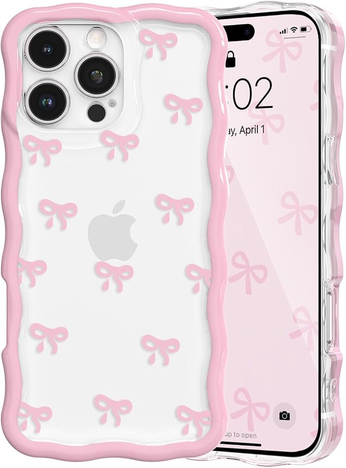 QLTYPRI for iPhone 16 Pro Pink Bow Case, Clear Cute Pink Ribbon Bow Phone Case Curly Wavy Aesthetic Phone Cover, Soft Slim Transparent TPU Shockproof Protective Cover for Women Girls - Tiny Bow by QLTYPRI