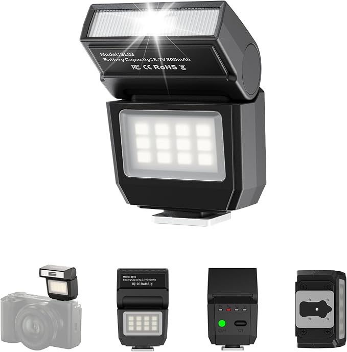 ULANZI SL03 Camera Mini Flash, Speedlite Video Light GN8 6500K for DSLR | For Sony/Canon/Fuji/Nikon, CRI 97, with Single-contact Universal Hot Shoe Mount, 90° Angle Adjustable, Typ-c Rechargeable by ulanzi