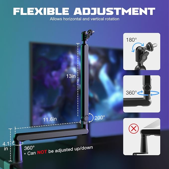 FIFINE BM88 Low Profile Microphone Boom Arm Stand for Gaming Streaming | Adjustable Stick Stand, Desk Mount Clamp, Cable Management, Screw Adapter, for Podcast Streaming Gaming - Image 5