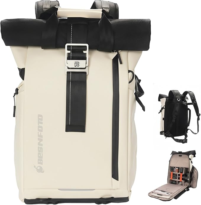 Camera Backpack, Waterproof Travel Camera Bag for Photographer Expandable Roll Top Photography Case for DSLR SLR Mirrorless Camera Fit up to 15.6 inch Laptop with Rain Cover by Besnfoto