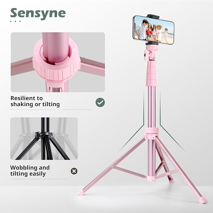 SENSYNE 72" Phone Tripod & Selfie Stick, Extendable Cell Phone Tripod Stand with Wireless Remote and Phone Holder, Compatible with iPhone Android Phone, Camera, Pink - Image 5