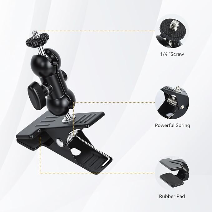 UTEBIT Dual Ball Head Cameras Clip for GoPro, with 1/4'' Swivel Mount | 66mm Strong Magnetic Base with 360° Dual Ball Heads for Studio Backdrops, Video Lights, Photography Accessories Clamp, Black - Image 2