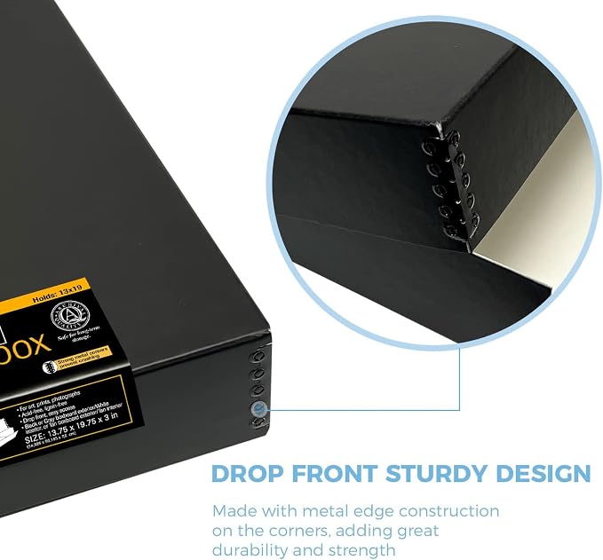Lineco Museum Archival Storage Box, Drop Front, 13.75x19.75x3 in, Black | Acid-Free with Metal Edge, Preserves Picture Longevity, Organize Photos, Newspapers, Prints, Documents, Crafts, DIY - Image 4