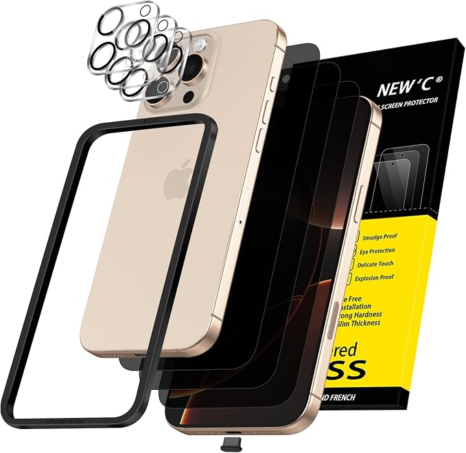 NEW'C 3x Privacy Screen Protector for iPhone 16 Pro (6.3 inches)+ 3x Camera Lens Protector, Sensor Protection, Case Friendly Tempered Glass Film, Ultra Resistant, Easy installation tool included by NEWC
