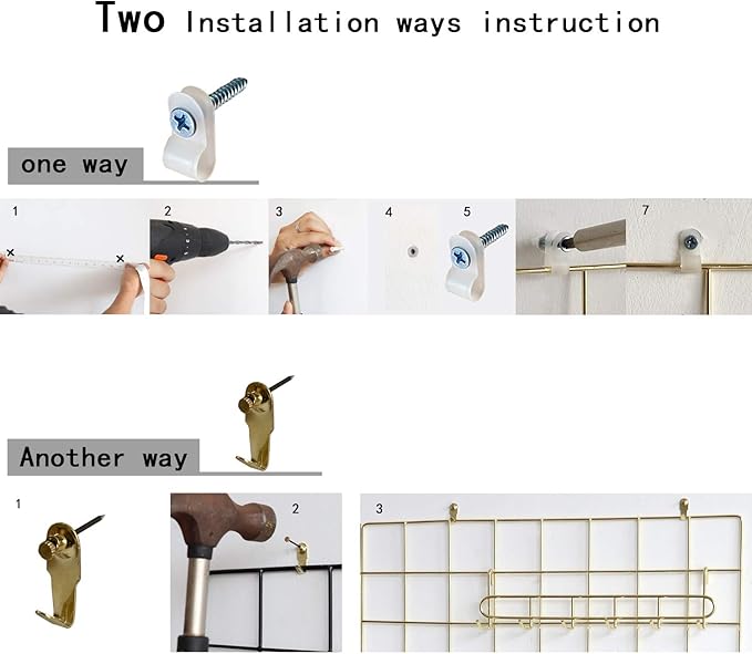 Wall Grid Panel for Photo Display,Wall Storage Organizer ,5 Metal Clips & 3 S Hooks & 4 Nails & 4 Plastic Hanging Buckles and 4 Screws Offered,Size 17.5" x 11.8",2 Pack(Rose Gold) - Image 6