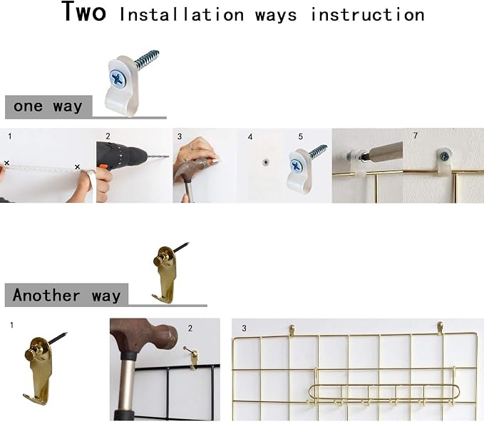 Wall Grid Panel for Photo Display,Wall Storage Organizer,5 Metal Clips & 3 S Hooks & 4 Nails & 4 Plastic Hanging Buckles and 4 Screws Offered,Size 17.5" x 11.8",2 Pack(Gold) - Image 7