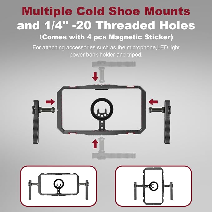 Magnetic Phone Cage with Handle,Smartphone Cage Kit with 360° Rotation Handgrip and Magnetic Sticker for Photography,Compatible with iPhone 17/16/15/14/13 Series and Andriod Phones (Black) - Image 3