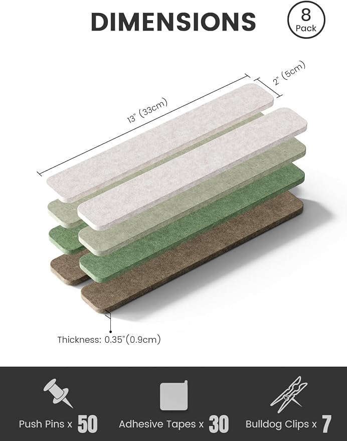 Fluxynara 13" x 2" Felt Wall Panels, Moss Haven | 8-Pack Includes 50 Push Pins and Adhesive Tabs for Photos, Notes and Decor in Bedroom Doors, Home Office or Studios - Image 2