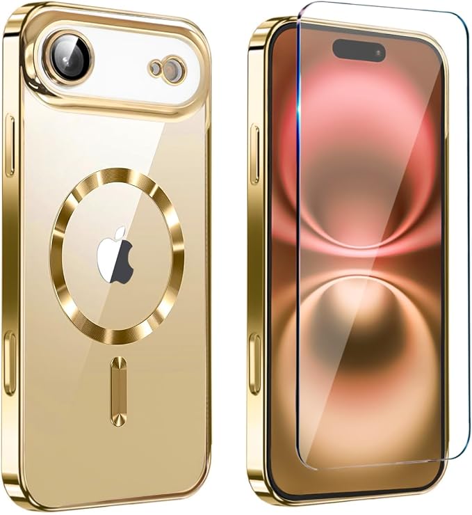 Magnetic Glossy Case for iPhone 17 Air,iPhone 17Air Phone Case Slim Clear Luxury with Screen Protector & Camera Protector [Compatible with MagSafe], Shockproof Cover for iPhone Air 17-Gold by Unknown