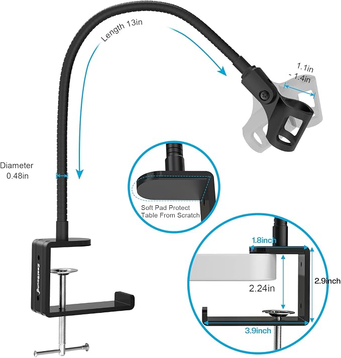ZealSound Microphone Stand Gooseneck 13”, Flexible Clamp-On Desktop Mic Stand with 360° Adjustable Arm, 3/8" to 5/8" Adapter, Heavy-Duty Desk Mount, for Podcasting, Streaming, Podium & Public Speaking - Image 5