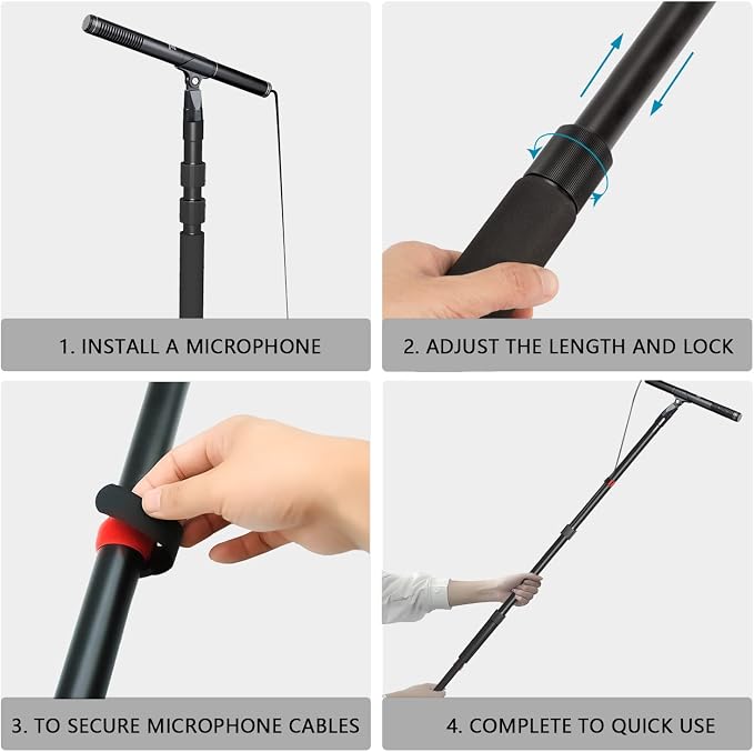 Handheld Boom Pole for Shotgun Mic, 3-Section Extendable Microphone Arm | Filming with 3/8" and 5/8" Threads, 3ft to 8.3ft Adjustable Length, Portable - Image 5