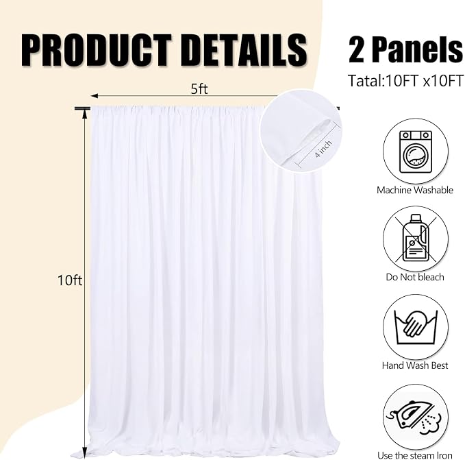 10ft x 10ft White Backdrop Curtains for Parties, Polyester Fabric Backdrop Drapes with Rod Pockets for Weddings, Birthday, Halloween, Photography, Christmas Party Background Curtain, 2 Panels - Image 2