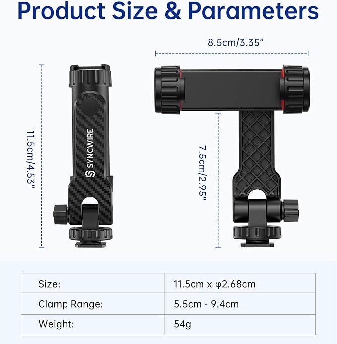 SYNCWIRE Tripod Phone Mount, Universal Smartphone Mount Adapter with 2 Cold Shoe and 1/4" Screw, 360° Rotates and 180° Tilts Adjustable Cell Phone Clamp Holder for Enhancing Mobile Photography Setup - Image 7