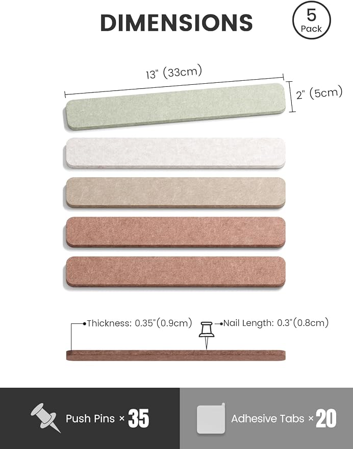 Fluxynara 13" x 2" Felt Wall Panels, Boho | 5-Pack Includes 35 Push Pins and Adhesive Tabs for Photos, Notes and Decor in Bedroom Doors, Home Office or Studios - Image 2