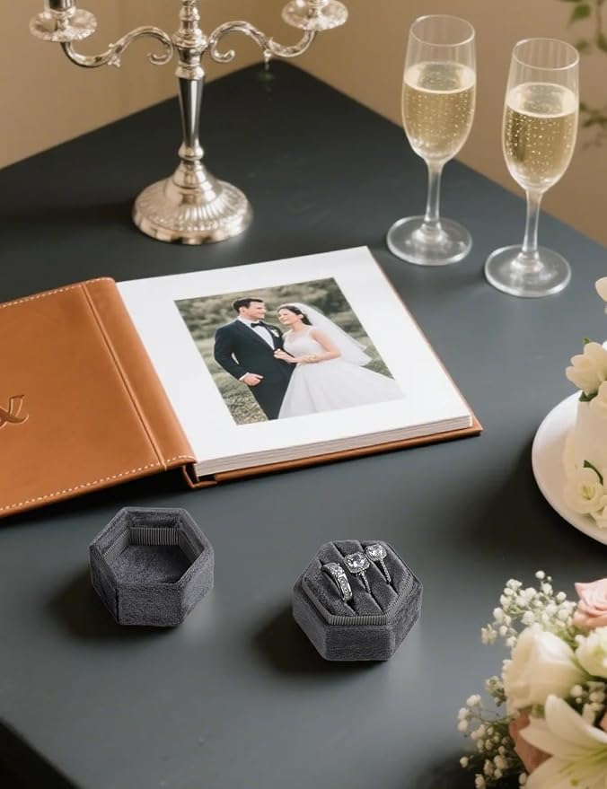 MFXIP Velvet 3 Slots Jewelry Ring Box Engagement Wedding Box Keepsake Box Bridal Photo Ring Triple Slots Hexagon - Image 5