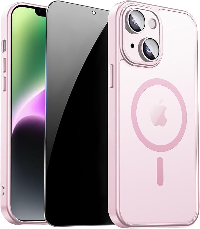 for iPhone 14 Plus Case with Privacy Screen Protector, Pink | Full Camera Protection, Translucent Matte Magnetic, Compatible with MagSafe, Shockproof Phone Cover, Slim Fit Women/Girls by ZOZDOKG