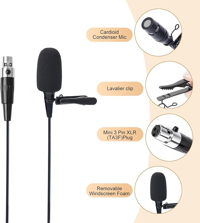 Lavalier Microphone, Cardioid Condenser Clip On Microphone, Lapel Microphone Compatible with AKG/Samson Microphone Wireless System, Mini 3 Pin XLR Plug, Ideal for Lectures, Theater, Actors - Image 5