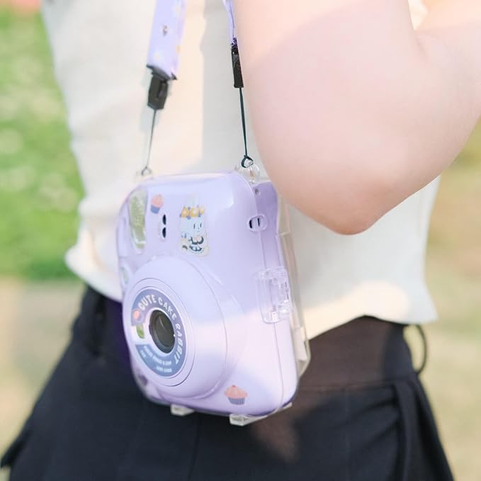 Rieibi Clear Case Compatible with Fuji Instax Mini 12, Carrying Case Bag for Fujifilm Instax Mini 12 Instant Camera with Photo Storage Pocket, Strap and Cute Sticker - Purple - Image 7