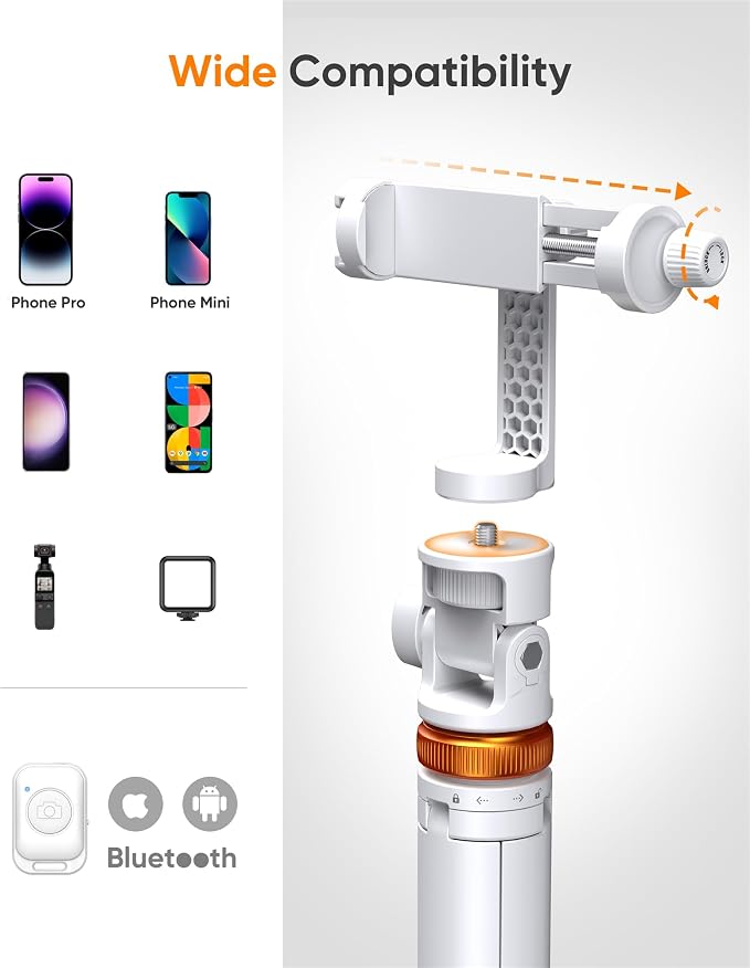 EUCOS 62" Tripod for iPhone, Sturdy Selfie Stick Tripod with Remote & Lightweight Phone Stand, Solidest Portable Cell Phone Tripod, Compatible iPhone Pro Max/Android [White] | Extendable Cell Phone Stand & Ultimate Phone Holder, Solidest Phone Stand Co... - Image 5